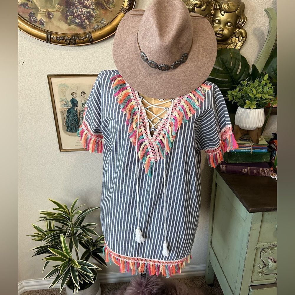 Entro Boho Stripe Colorful Tassel Fringe Tunic Mini Dress Beach Cover Up Sz S
